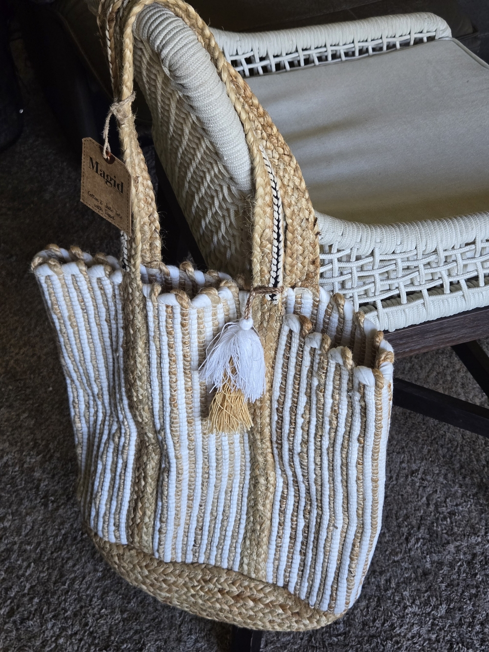 Magid Cotton And Jute Tote With Tassel tan white natural color bag women’s NWT